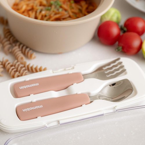 AGUARD MOMOBIN Toddler Utensils - Stainless Steel Fork & Spoon Set, Made in Korea, 100% Silicone Easy-Grip Handles with Storage Case, Dishwasher Safe for Kids, Baby, School Lunch, Travel & Outdoors