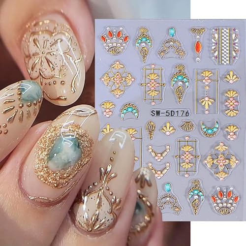 5D Embossed Sun Moon Nail Art Stickers Bohemian Metallic Gold Decals