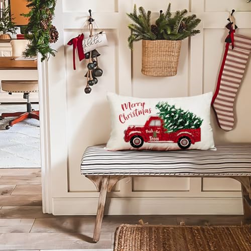 Red Truck Christmas Pillow Cover 20x12 Inches Holiday Home Decor - White / Pack of 1