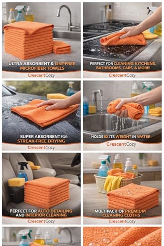 CRESCENT COZY Ultra Absorbent Microfiber Cleaning Cloths, 20 Pack - 9.8x9.8 Inch, Lint-Free for Car, Kitchen & Electronics