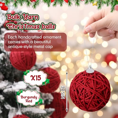 15 Pcs Burgundy Red Yarn Christmas Ornaments Balls Bulk Rustic Farmhouse Holiday Decorations