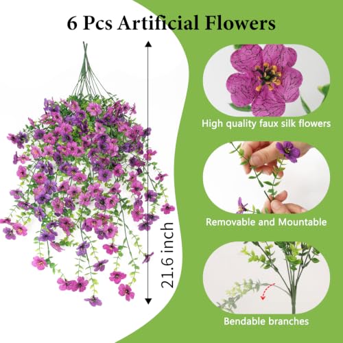 Artificial Flowers for Outdoors - 6 Pcs Deep Purple & Purple Fake Flowers, Weather-Resistant & Realistic Garden Decor