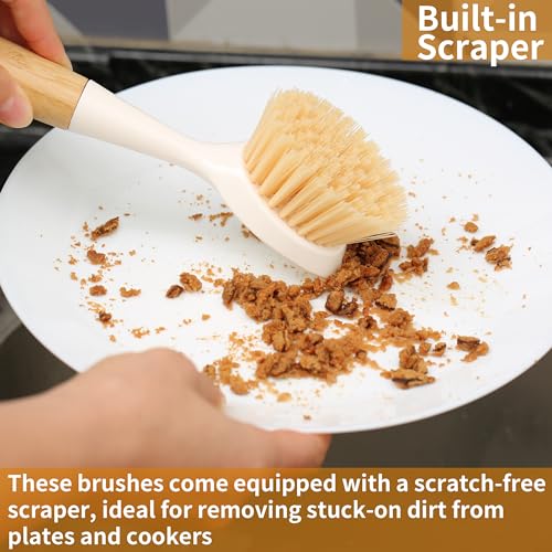 2 Pack Bamboo Handle Dish Brush with Scraper - White