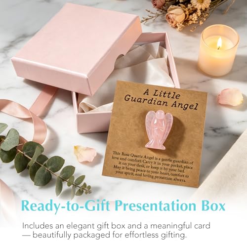 LIMGUVK Rose Quartz Angel Gift for Women, Mini Healing Crystal Keepsake - Small Guardian Decor for Desk & Bedside
