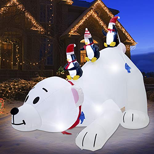 Large Lighted Christmas Inflatable Polar Bear with Penguins - Yard & Garden Decor