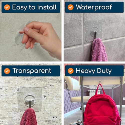 GLUIT Heavy Duty Adhesive Wall Hooks - 6 Pack, 22 lbs Capacity, Transparent