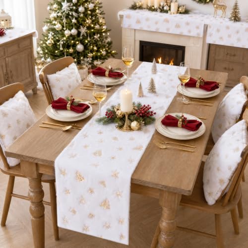 White Faux Fur Christmas Table Runner 72 Inch with Gold Sequin Snowflakes - Variation: White Gold / 13x72
