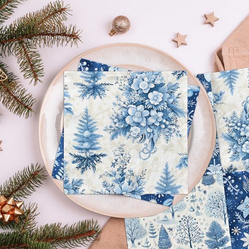 Blue Winter Christmas Napkins 40pcs - Reindeer & Tree Holiday Party Supplies