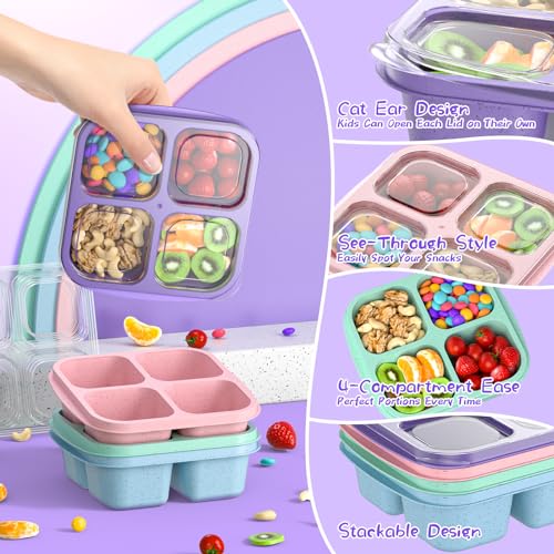 Bento Snack Containers 4-Pack - 4-Compartment Meal Prep in Green, Blue, Purple
