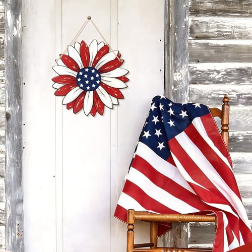 Patriotic Sunflower Wooden Wreath for 4th of July Decor