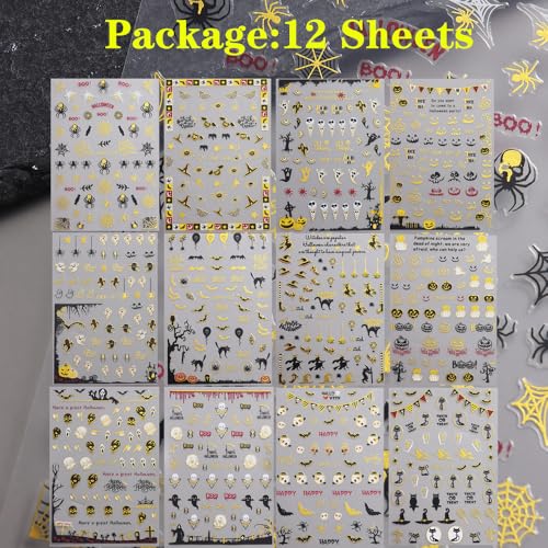 12 Sheets Halloween Nail Stickers 3D Self-Adhesive Decals Pumpkin Ghost