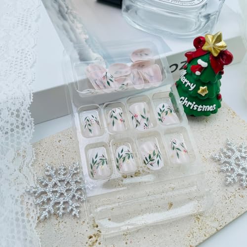 Christmas Press on Nails Short Almond French Tip Fake Nails 24Pcs