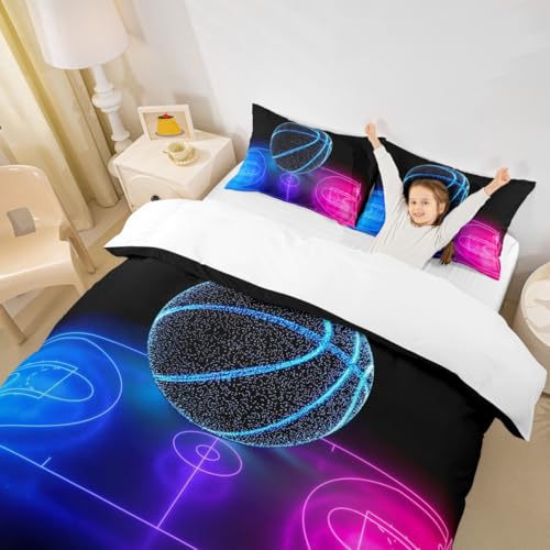 Basketball Duvet Cover Set Twin Size, Neon Blue & Purple Kids Bedding