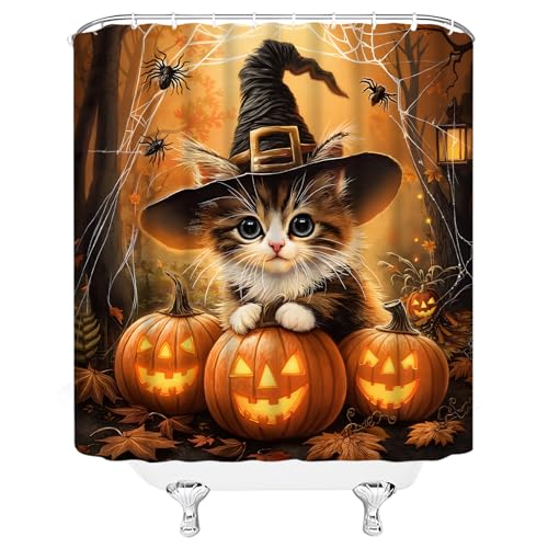 Halloween Cat Shower Curtain - 70x70 Inch Pumpkin Design