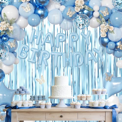 Dusty Blue Birthday Decorations Set for Girls & Women | Balloons & Fringe Curtains