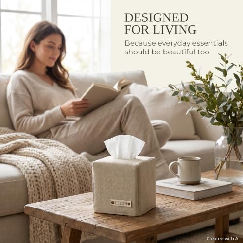KIBAGA Beige Linen Square Tissue Box Cover - Decorative Facial Tissue Holder