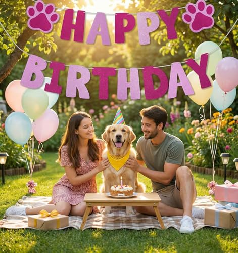 Paw Print Dog Birthday Banner - Rose Red Party Decorations 9.8ft