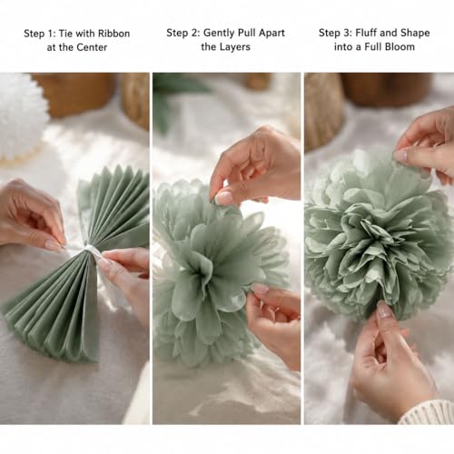 Sage Green Tissue Paper Pom Poms - 12-Piece Party Decoration Set