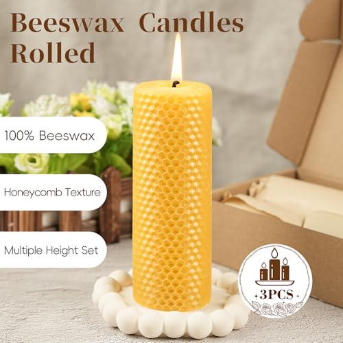Natural Beeswax Hand-Rolled Pillar Candles - Honeycomb Design