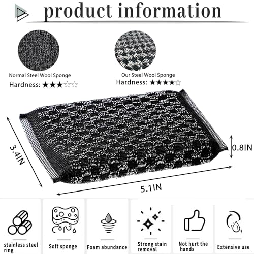 EdgeVue Heavy-Duty Steel Wool Scrubber Sponge - Non-Scratch Kitchen Pad, Black