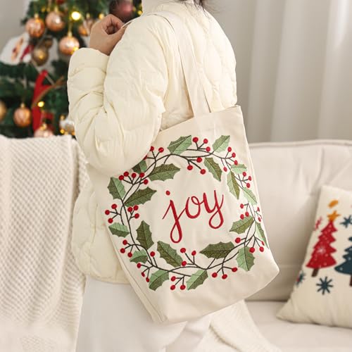 Christmas Embroidery Canvas Tote Bag - Joy Wreath Reusable Holiday Gift Bag