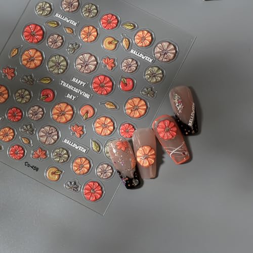 5D Jelly Embossed Fall Nail Stickers Colorful Pumpkin Autumn Decals