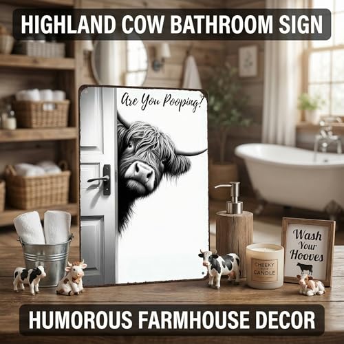 Funny Highland Cow Tin Sign - Are You Pooping? 8x12 Inch Bathroom Decor