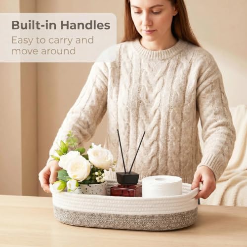 Woven Toilet Paper Basket - Cotton Rope Over Tank Organizer, White & Brown