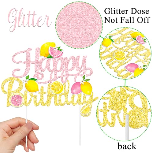 Pink & Gold Glitter Lemon Happy Birthday Cake Topper