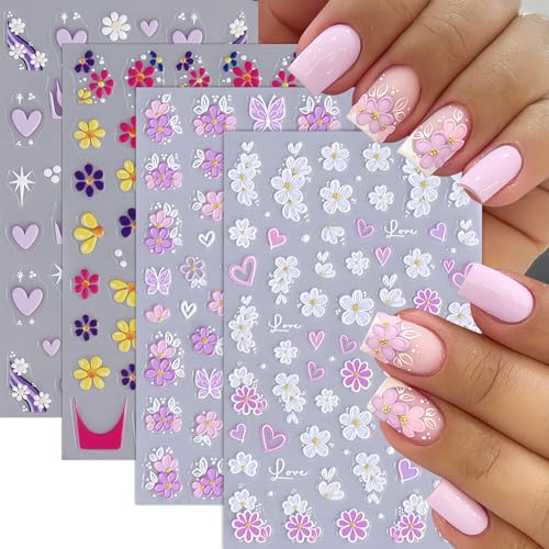5D Embossed Flower Nail Art Stickers - Self-Adhesive Daisy & Butterfly Decals (4 Sheets)