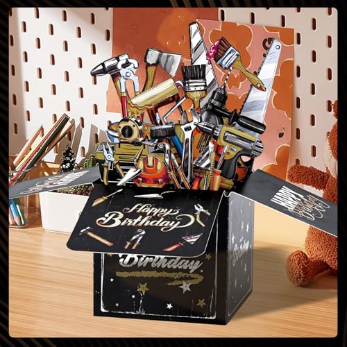 Personalized Black Gold 3D Pop-up Birthday Card for Dad & Husband