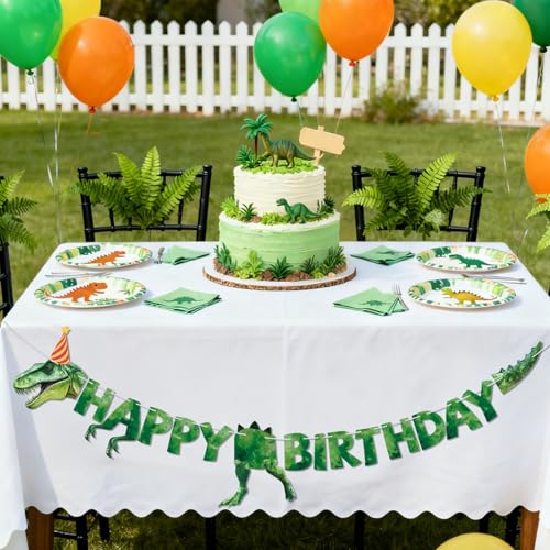 Dinosaur Happy Birthday Banner - Watercolor Green T-Rex Party Decoration
