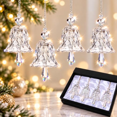 Clear Crystal Christmas Bell Ornaments - Set of 4 Glittering Glass Decorations