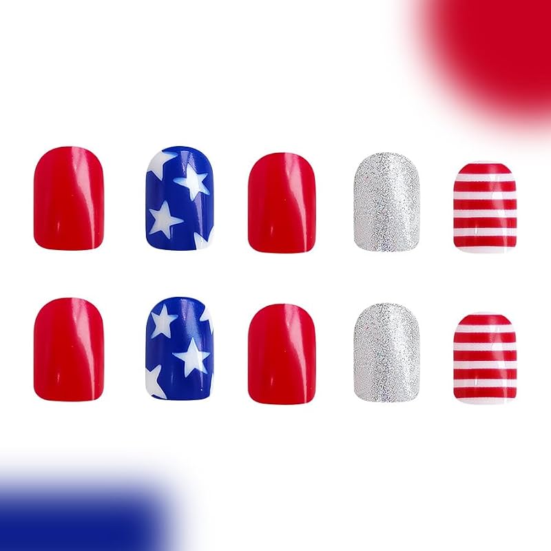 4th of July Press on Nails Short Square Blue Star False Nails