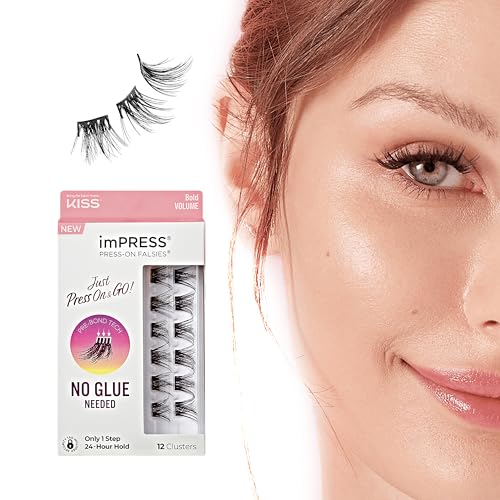 KISS Impress Falsies Press On Eyelashes - 12mm-14mm Natural Volume Bold Lash Clusters with Invisible Band & No Glue Needed