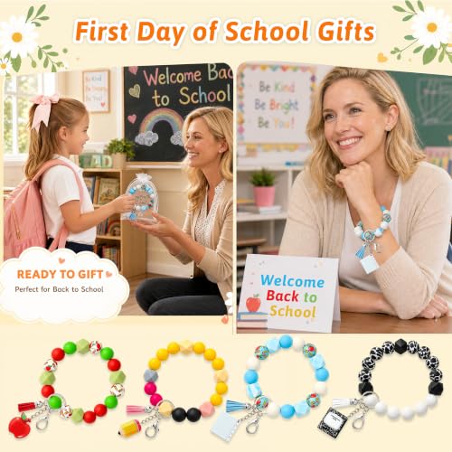 Back to School Bracelets with Keychains - 4 Pack Silicone Beaded Gift Set