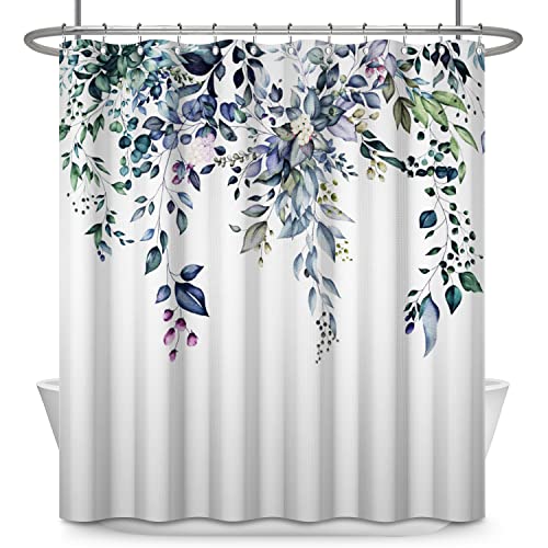 Watercolor Navy Blue Leaves Shower Curtain Set - 71x71 Inch Waterproof Design
