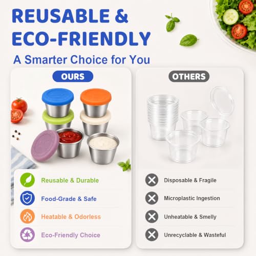 HOMEAVA 2.4oz Leakproof Stainless Steel Salad Dressing Containers - 6 Pack with Silicone Lids for Lunch, Travel, Picnic, Meal Prep