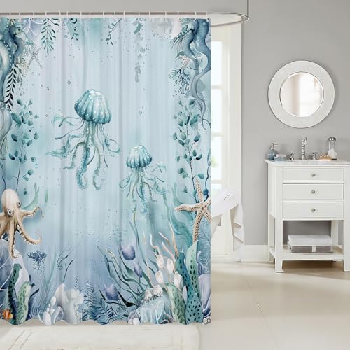 Erosebridal Jellyfish Blue Beach Shower Curtain Set 72x78 Inches Cyan Light Beige Waterproof
