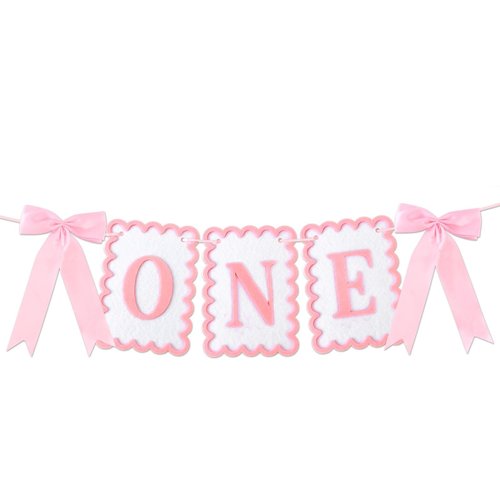 Vovii Bow Highchair Banner for 1st Girls Birthday Decoration, Pink and White One Birthday Banner for Party Decor Photo Props(Pre-Strung)