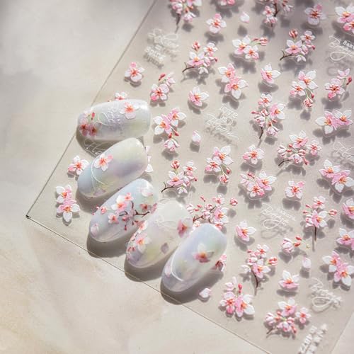 5D Embossed Cherry Blossom Nail Stickers Pink Floral Self-Adhesive Decals