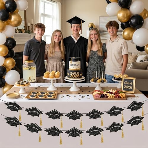 Graduation Cap Banner 2026 with Gold Tassels – Black Glitter Decor