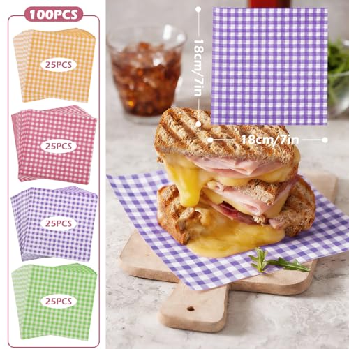 7x7 Inch Baking Parchment Paper - 100 Sheets Gingham Pattern (4 Colors)