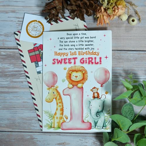 1st Birthday Card for Baby Girl with Envelope & Seal