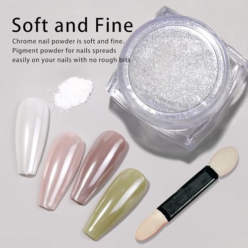 UTLANEYA White Pearl Chrome Nail Powder - 2 Pcs Iridescent Aurora Mirror Effect Pigment for Nail Art