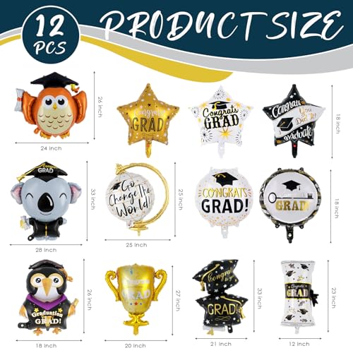 12-Piece 2026 Graduation Party Balloon Set - Congrats Grad Foil Decorations