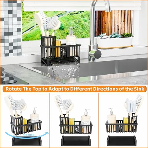 Yieach Rustproof Kitchen Sink Caddy Organizer with Dispenser, Plastic Dish Sponge Holder, Black