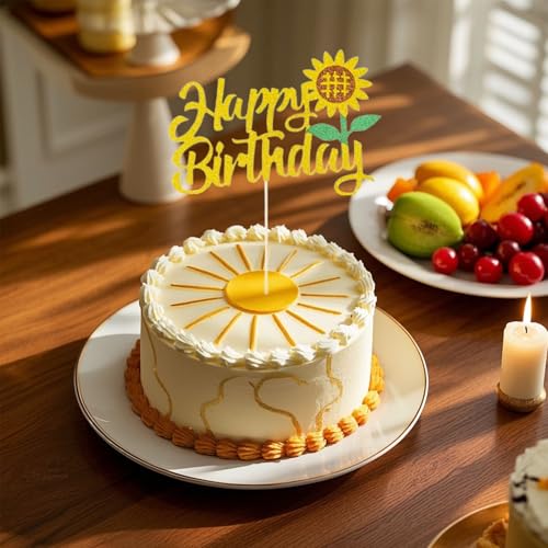 Sunflower Happy Birthday Cake Topper - Gold Glitter Decor