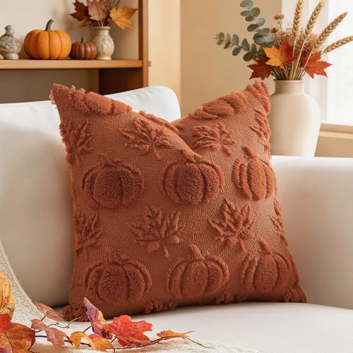 OTOSTAR Rust Pumpkin Maple Leaves Pillow Cover 14x14 Inch
