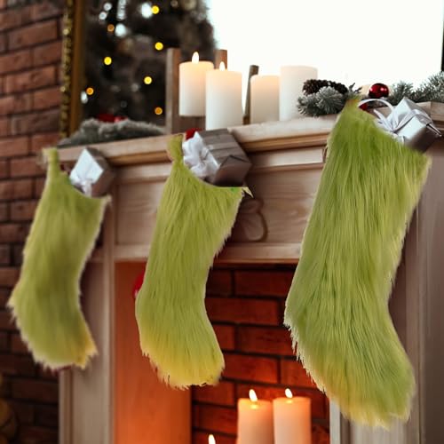 18 Inch Green Christmas Stocking Faux Fur Holiday Stocking Gift Bag